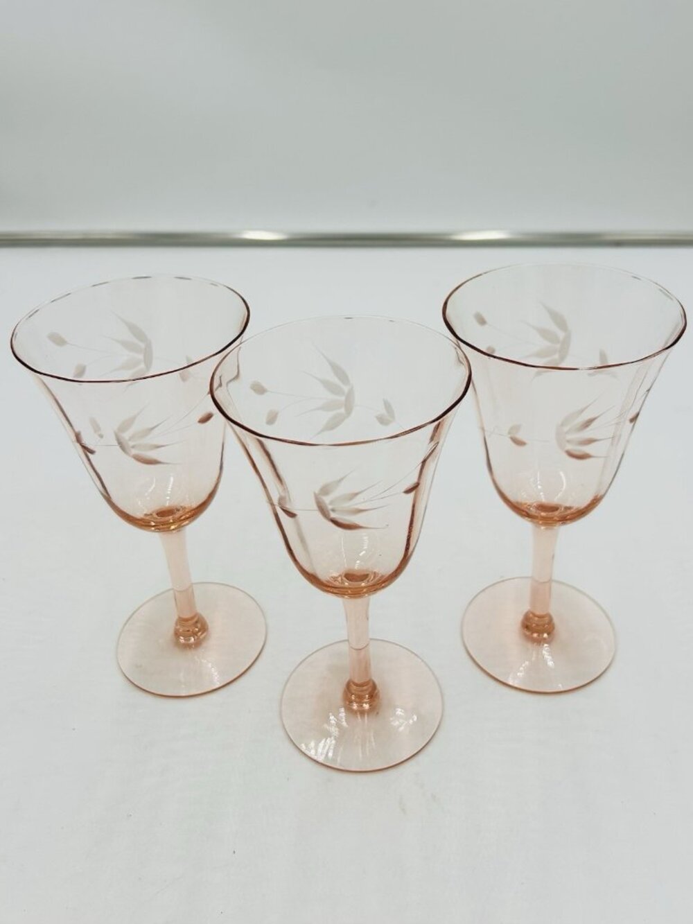 Vintage Pink Etched Crystal Wine Goblets Optic Panel Depression Glasses Set of 3